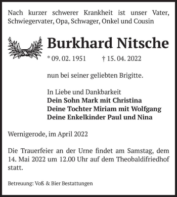 Traueranzeige von Burkhard Nitsche  von Magdeburger Volksstimme