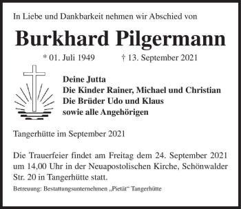 Traueranzeige von Burkhard Pilgermann  von Magdeburger Volksstimme