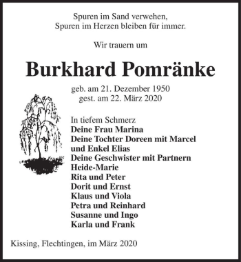Traueranzeige von Burkhard Pomränke  von Magdeburger Volksstimme