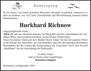 Traueranzeige von Burkhard Richnow  von Magdeburger Volksstimme