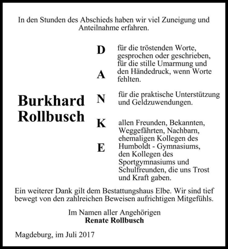  Traueranzeige für Burkhard Rollbusch  vom 08.07.2017 aus Magdeburger Volksstimme