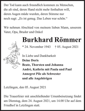 Traueranzeige von Burkhard Römmer  von Magdeburger Volksstimme