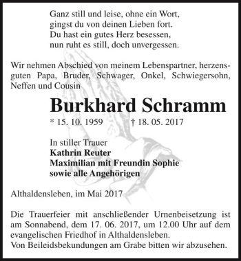 Traueranzeige von Burkhard Schramm  von Magdeburger Volksstimme