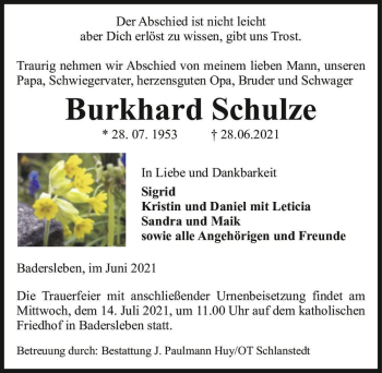Traueranzeige von Burkhard Schulze  von Magdeburger Volksstimme