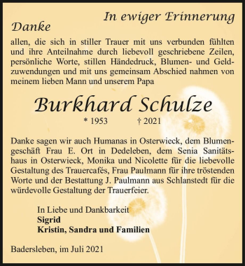 Traueranzeige von Burkhard Schulze  von Magdeburger Volksstimme