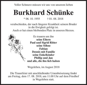 Traueranzeige von Burkhard Schünke  von Magdeburger Volksstimme