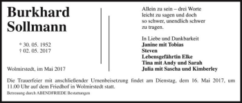 Traueranzeige von Burkhard Sollmann  von Magdeburger Volksstimme