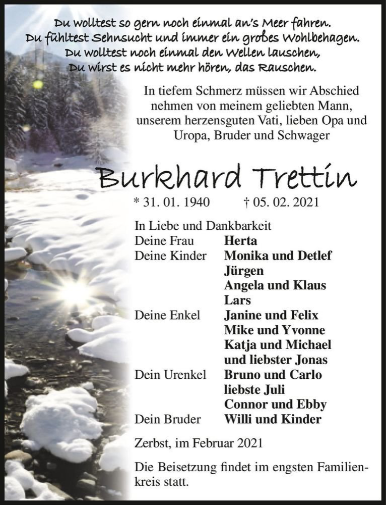  Traueranzeige für Burkhard Trettin  vom 13.02.2021 aus Magdeburger Volksstimme