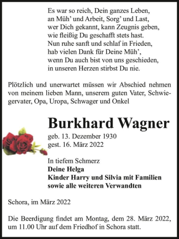 Traueranzeige von Burkhard Wagner  von Magdeburger Volksstimme