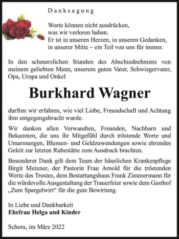 Traueranzeige von Burkhard Wagner  von Magdeburger Volksstimme