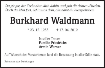 Traueranzeige von Burkhard Waldmann  von Magdeburger Volksstimme