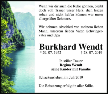 Traueranzeige von Burkhard Wendt  von Magdeburger Volksstimme