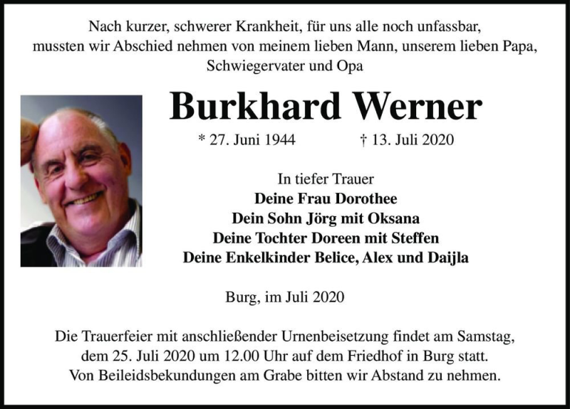  Traueranzeige für Burkhard Werner  vom 18.07.2020 aus Magdeburger Volksstimme