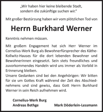 Traueranzeige von Burkhard Werner  von Magdeburger Volksstimme