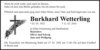 Traueranzeige von Burkhard Wetterling  von Magdeburger Volksstimme