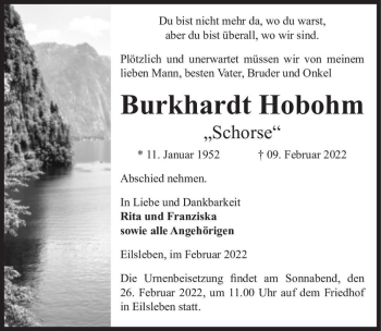 Traueranzeige von Burkhardt Hobohm „Schorse“  von Magdeburger Volksstimme