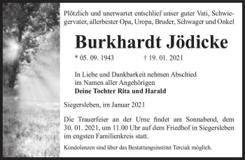 Traueranzeige von Burkhardt Jödicke  von Magdeburger Volksstimme