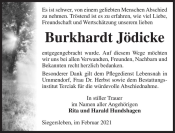 Traueranzeige von Burkhardt Jödicke  von Magdeburger Volksstimme