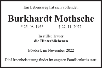 Traueranzeige von Burkhardt Mothsche  von Magdeburger Volksstimme