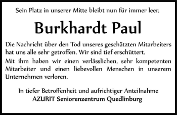 Traueranzeige von Burkhardt Paul  von Magdeburger Volksstimme