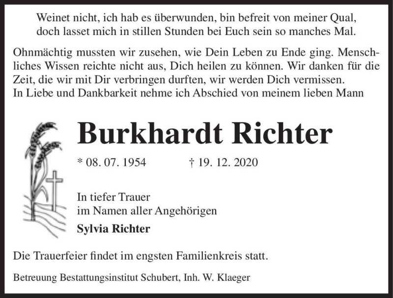  Traueranzeige für Burkhardt Richter  vom 31.12.2020 aus Magdeburger Volksstimme