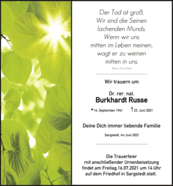 Traueranzeige von Burkhardt Russe  von Magdeburger Volksstimme