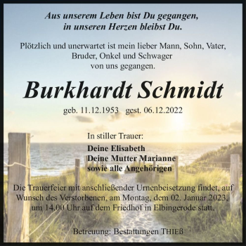 Traueranzeige von Burkhardt Schmidt  von Magdeburger Volksstimme