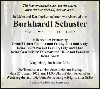 Traueranzeige von Burkhardt Schuster  von Magdeburger Volksstimme