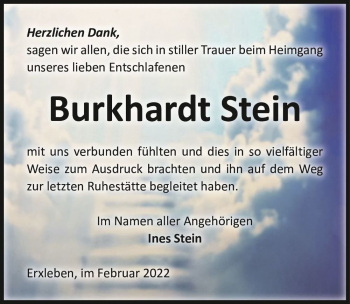 Traueranzeige von Burkhardt Stein  von Magdeburger Volksstimme