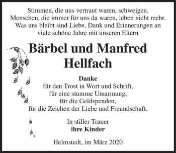 Traueranzeige von Bärbel & Manfred Hellfach  von Magdeburger Volksstimme