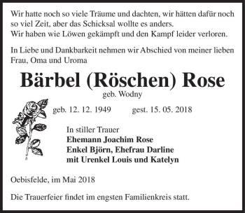 Traueranzeige von Bärbel (Röschen) Rose (geb. Wodny)  von Magdeburger Volksstimme