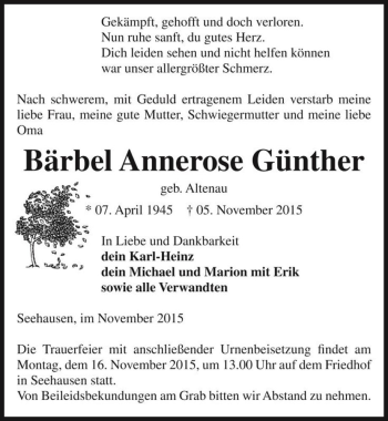 Traueranzeige von Bärbel Annerose Günther (geb. Altenau)  von Magdeburger Volksstimme