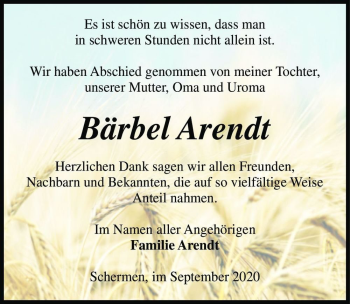 Traueranzeige von Bärbel Arendt  von Magdeburger Volksstimme