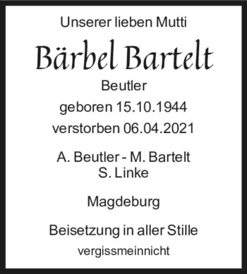 Traueranzeige von Bärbel Bartelt (geb. Beutler)  von Magdeburger Volksstimme