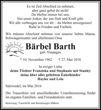 Traueranzeige von Bärbel Barth (geb. Niepagen)  von Magdeburger Volksstimme