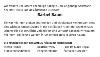 Traueranzeige von Bärbel Baum  von Magdeburger Volksstimme