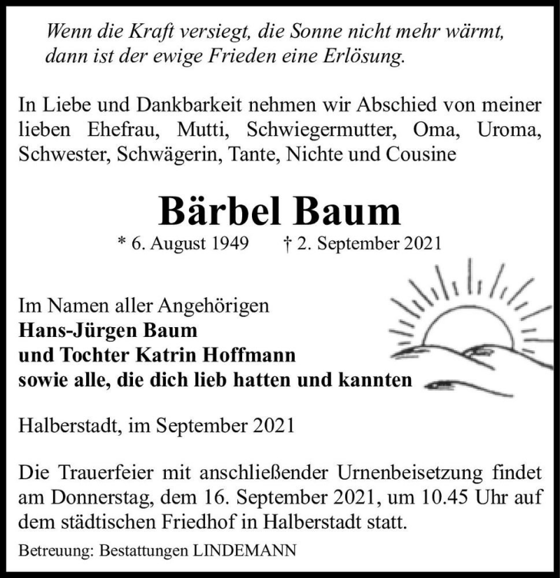  Traueranzeige für Bärbel Baum  vom 11.09.2021 aus Magdeburger Volksstimme