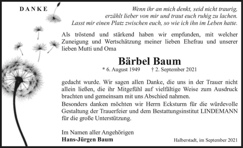  Traueranzeige für Bärbel Baum  vom 25.09.2021 aus Magdeburger Volksstimme