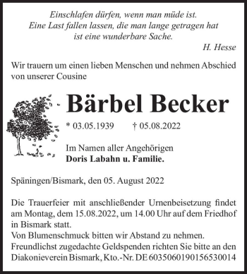 Traueranzeige von Bärbel Becker  von Magdeburger Volksstimme