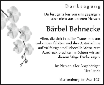 Traueranzeige von Bärbel Behnecke  von Magdeburger Volksstimme