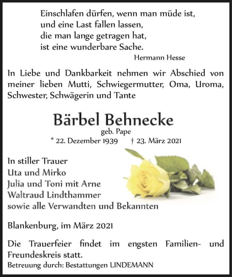  Traueranzeige für Bärbel Behnecke (geb. Pape)  vom 27.03.2021 aus Magdeburger Volksstimme