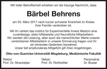 Traueranzeige von Bärbel Behrens  von Magdeburger Volksstimme