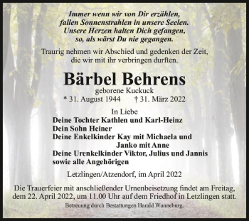 Traueranzeige von Bärbel Behrens (geb. Kuckuck)  von Magdeburger Volksstimme