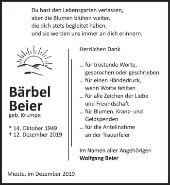 Traueranzeige von Bärbel Beier (geb. Krumpe)  von Magdeburger Volksstimme