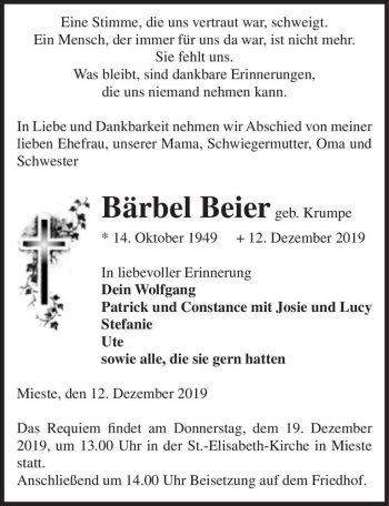Traueranzeige von Bärbel Beier (geb. Krumpe)  von Magdeburger Volksstimme