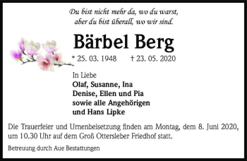 Traueranzeige von Bärbel Berg  von Magdeburger Volksstimme