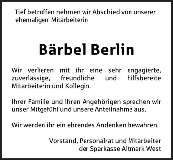 Traueranzeige von Bärbel Berlin  von Magdeburger Volksstimme