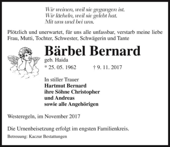 Traueranzeige von Bärbel Bernard (geb. Haida)  von Magdeburger Volksstimme