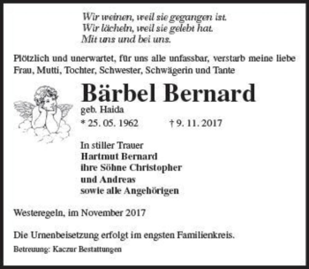 Traueranzeige von Bärbel Bernard (geb. Haida)  von Magdeburger Volksstimme