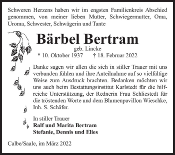 Traueranzeige von Bärbel Bertram (geb. Lincke)  von Magdeburger Volksstimme